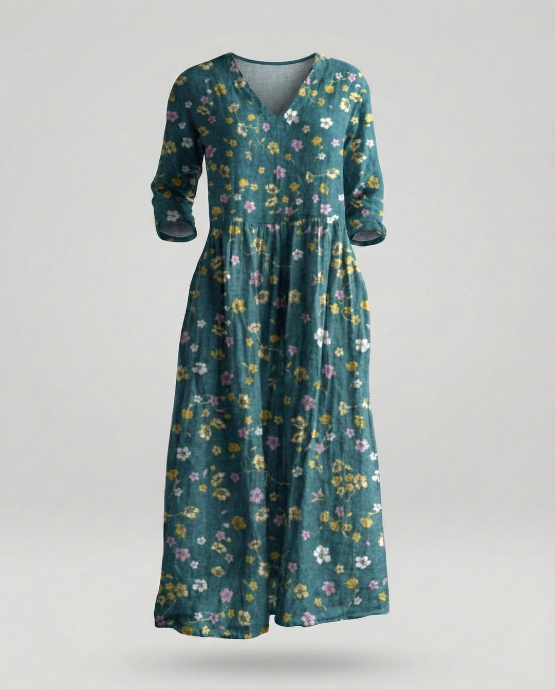 Damen Maxikleid Sommer Leinenoptik V-Ausschnitt