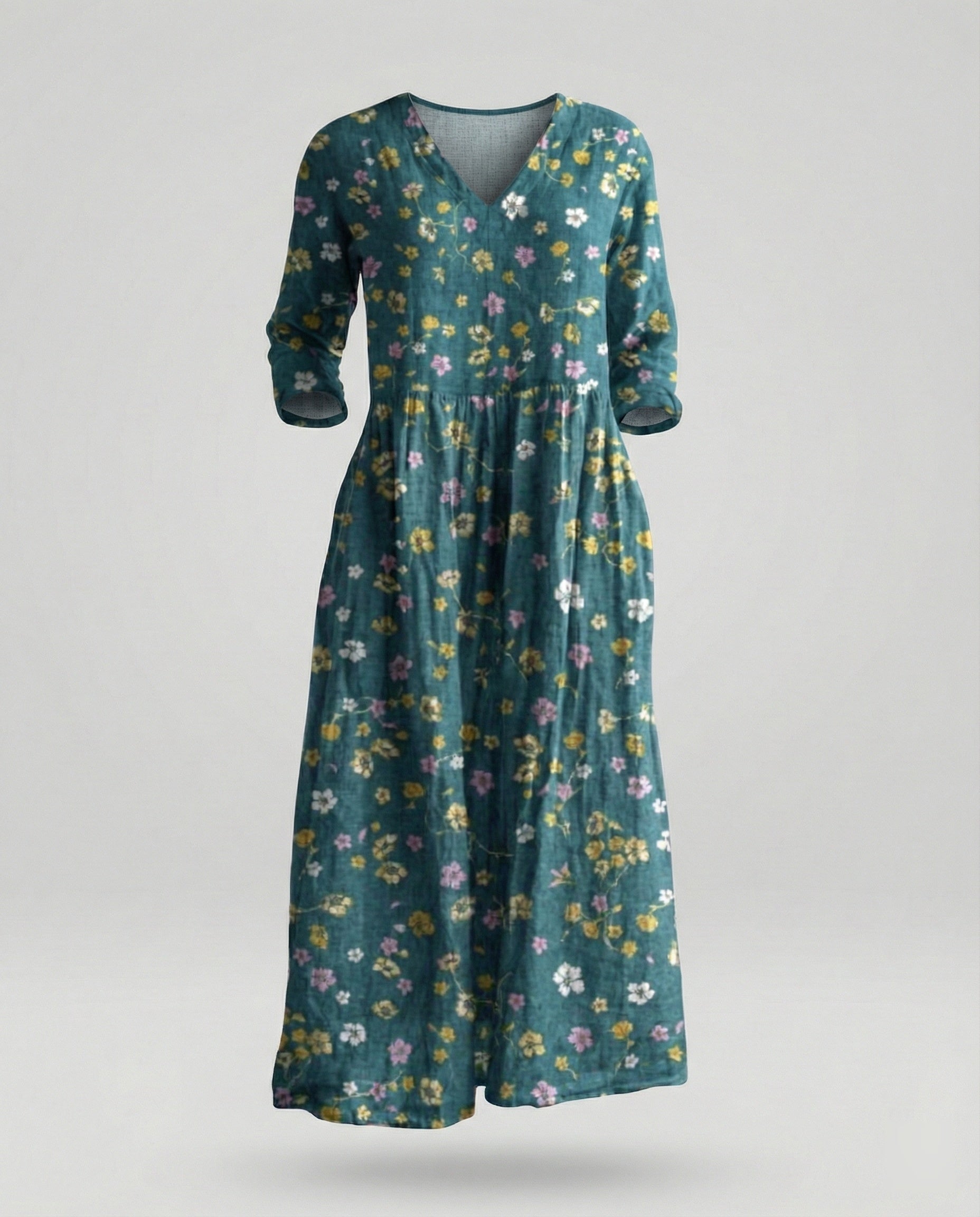 Damen Maxikleid Sommer Leinenoptik V-Ausschnitt