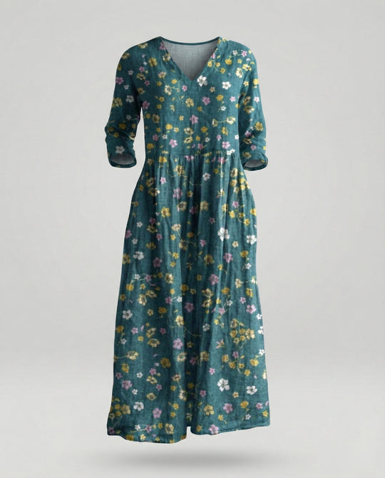 Damen Maxikleid Sommer Leinenoptik V-Ausschnitt