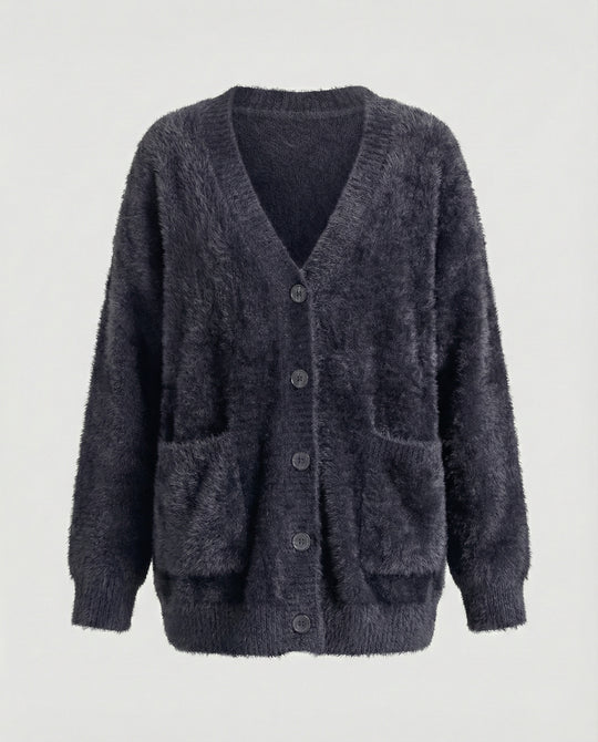 Strickjacke Damen flauschig mit tiefem V-Ausschnitt und Taschen