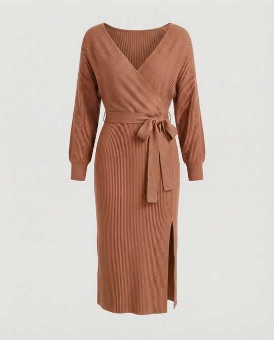 Damen Strickkleid mit elegantem Wickeldesign und dekorativem Gürtel R&B