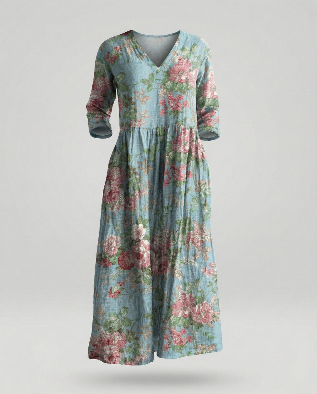 Damen Maxikleid Sommer Leinenoptik V-Ausschnitt