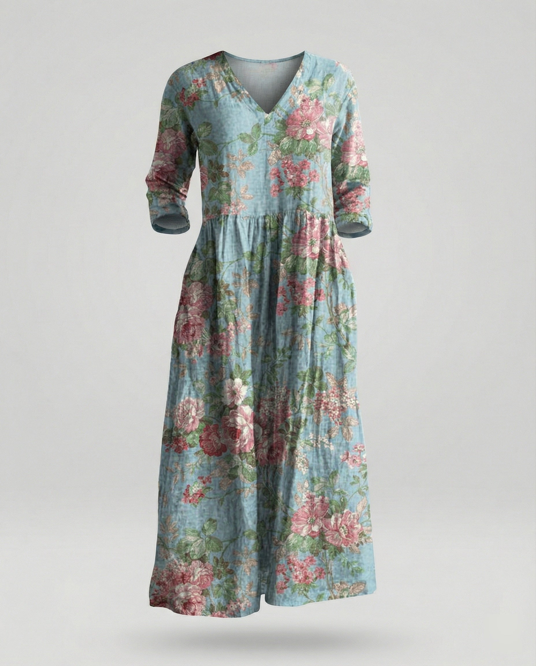 Damen Maxikleid Sommer Leinenoptik V-Ausschnitt
