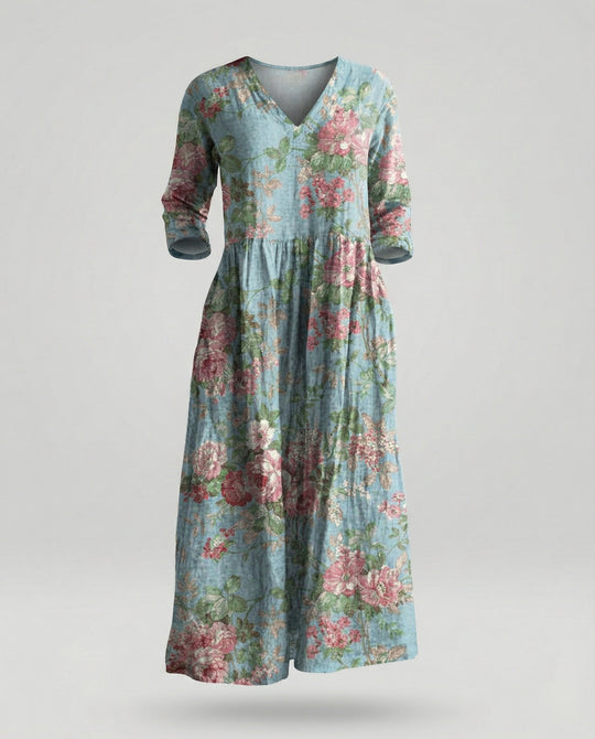 Damen Maxikleid Sommer Leinenoptik V-Ausschnitt