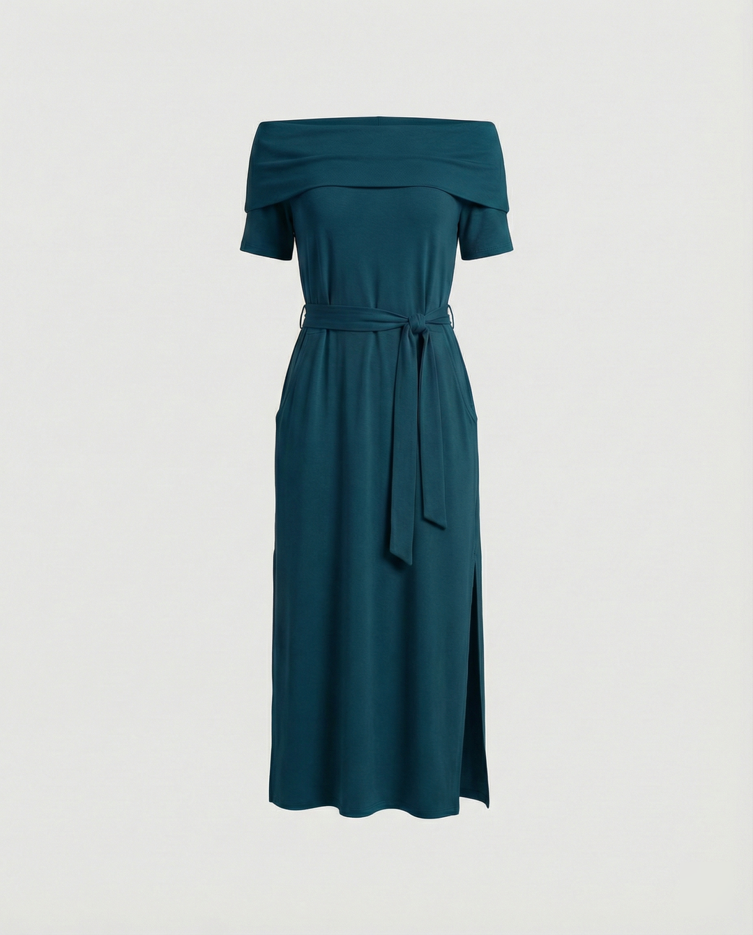 Damen Off-Shoulder Maxikleid mit Taillengürtel und seitlichem Schlitz R&B