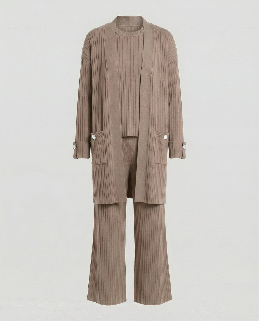 Damen Strick-Loungewear Set mit langen Ärmeln und praktischen Taschen R&B