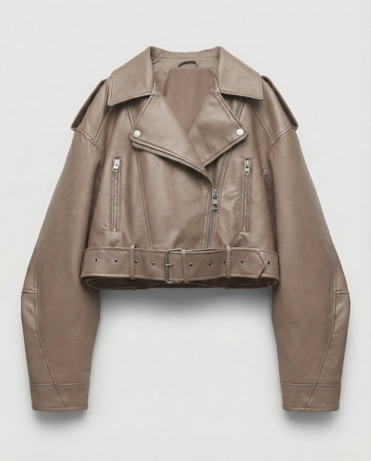 Damen Lederjacke Schwarz mit Gürtel