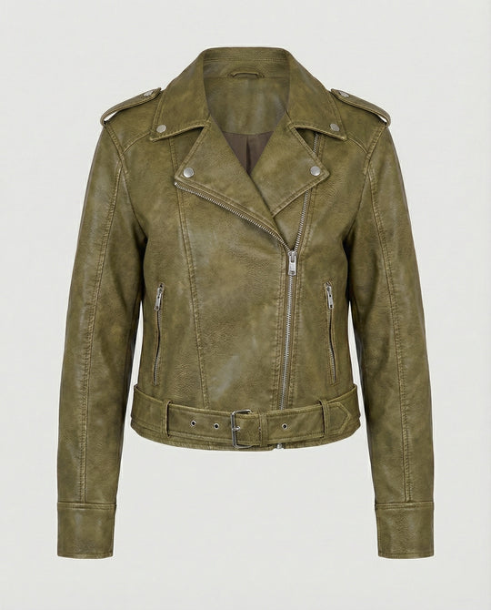 Damen cropped Kunstlederjacke im Biker-Stil