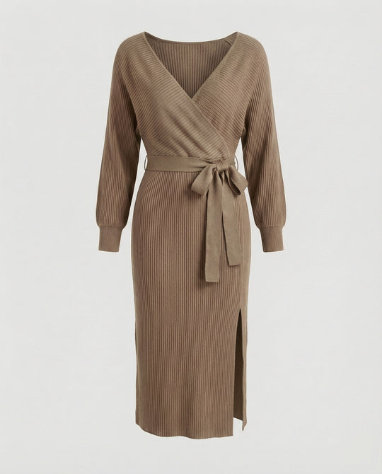 Damen Strickkleid mit elegantem Wickeldesign und dekorativem Gürtel R&B
