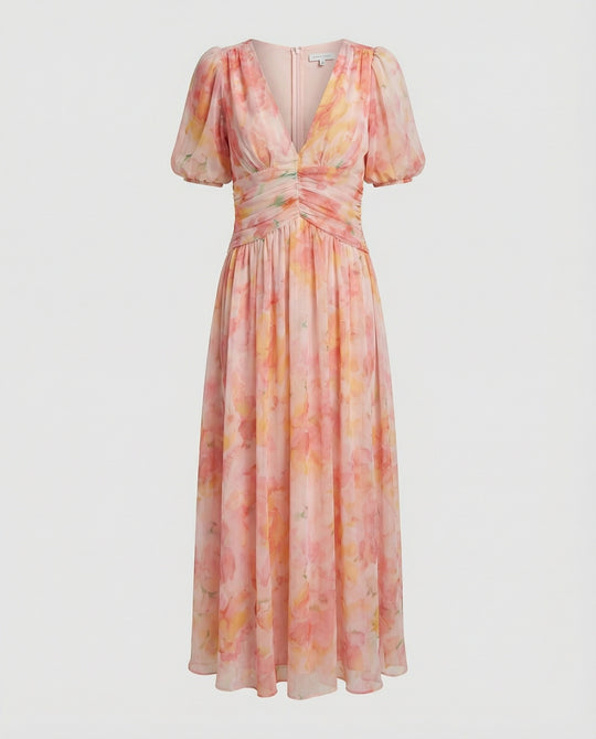 Damen Wickel-Maxikleid mit Puffärmeln