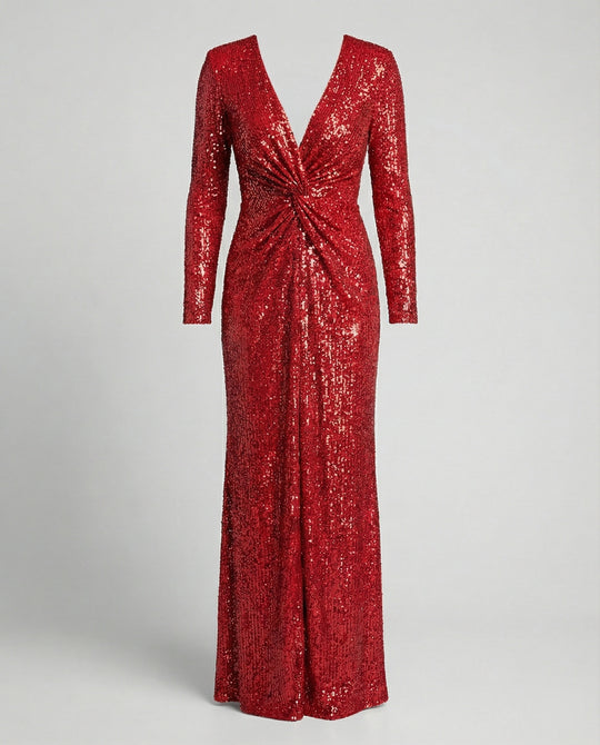 R&B | Give Em' Glam Paillettenkleid mit Langen Ärmeln und Gekreuztem Taillendetail Abend-Maxikleid