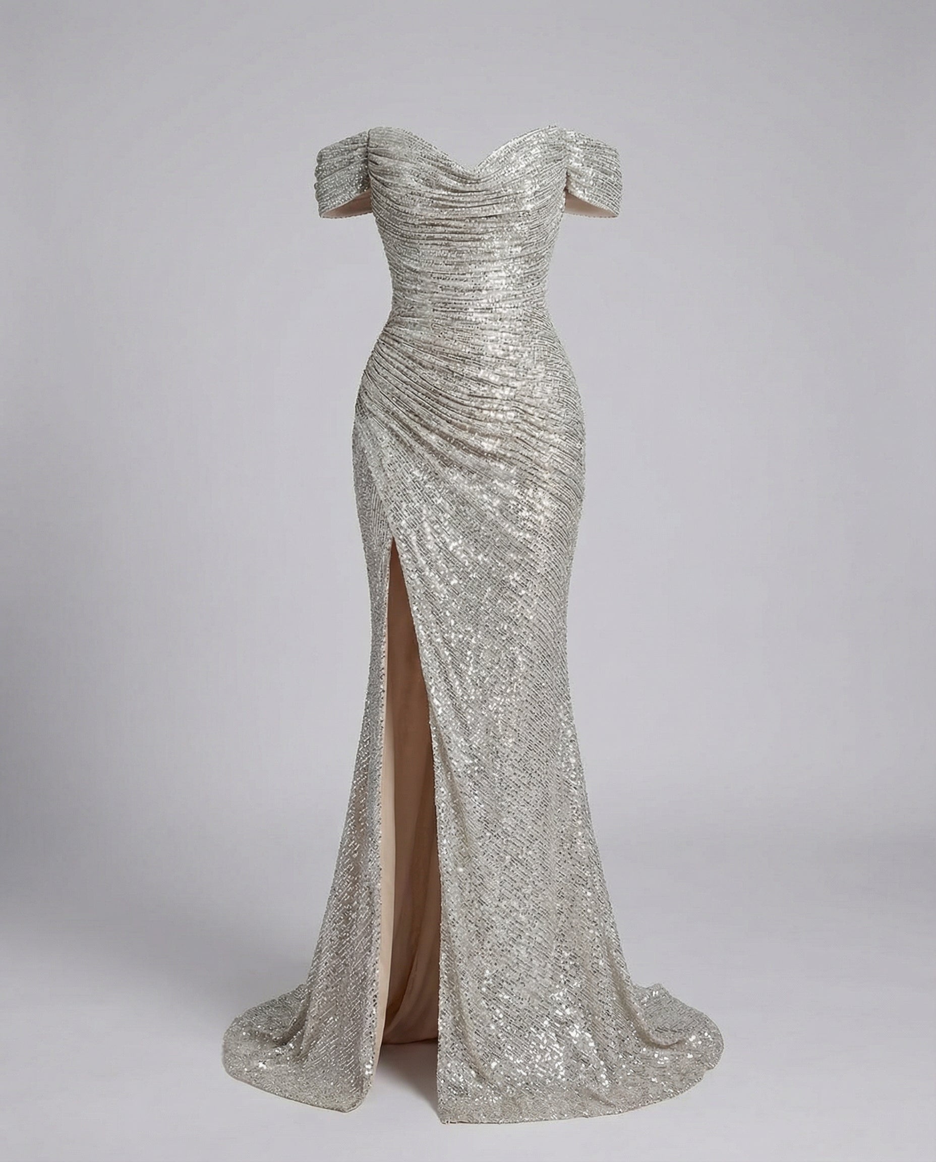Glitzerndes Damen Abendkleid Schulterfreies Maxikleid mit Schlitz für Hochzeit & Fest | R&B