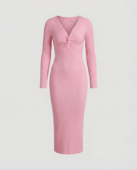 Damen figurbetontes langärmliges Strickkleid mit Knoten-Detail R&B