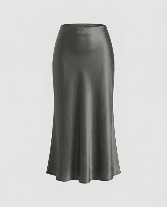 Damen eleganter Satin-Midirock mit fließendem Schnitt und hohem Bund R&B