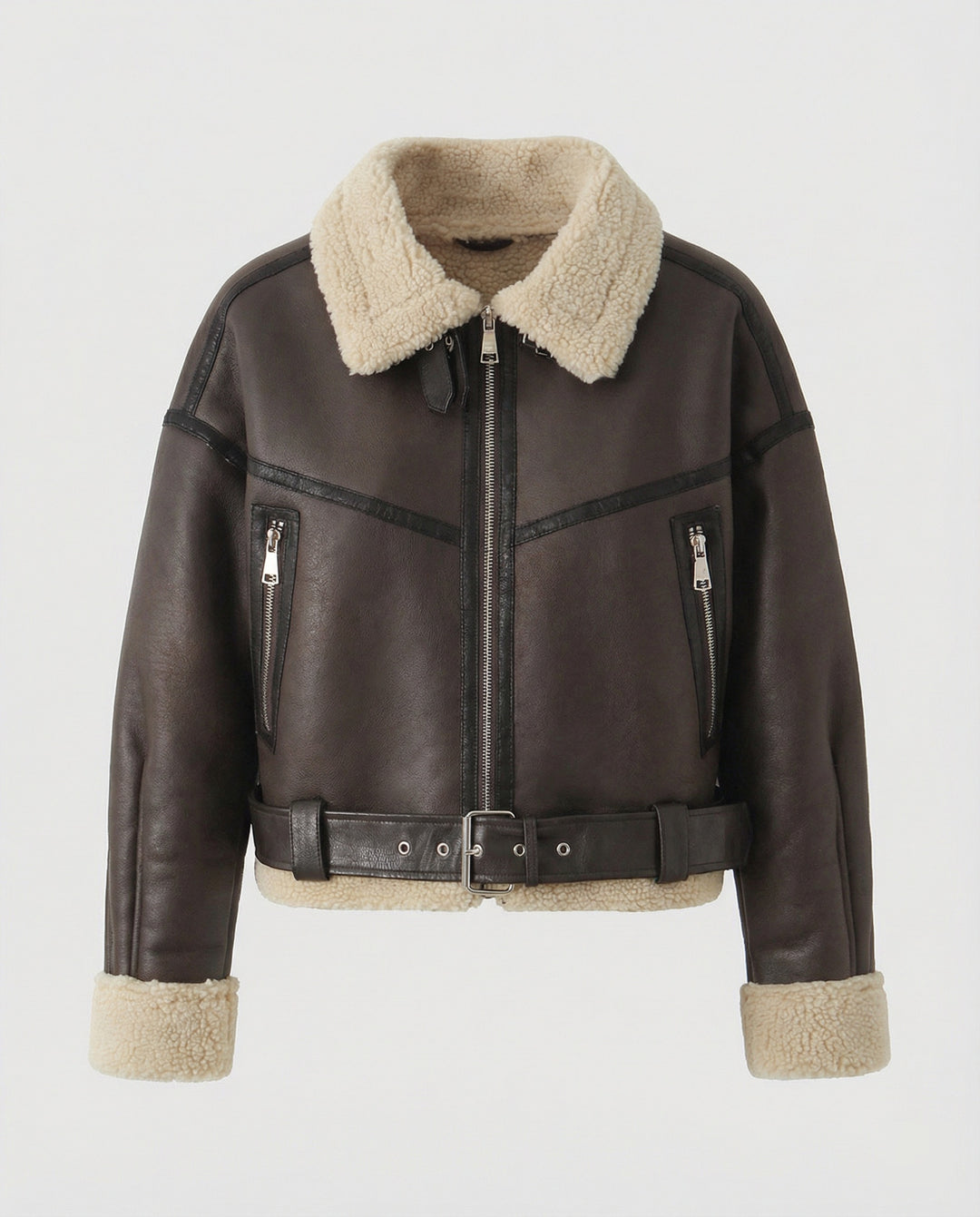 Damen Lederjacke mit Teddyfutter und Gürtel