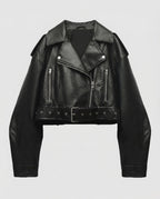 Damen Lederjacke Schwarz mit Gürtel