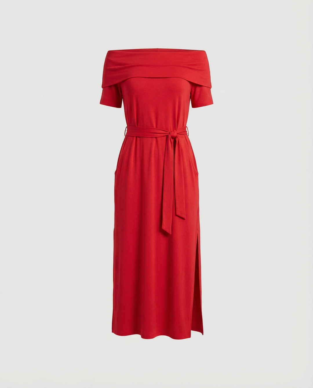 Damen Off-Shoulder Maxikleid mit Taillengürtel und seitlichem Schlitz R&B
