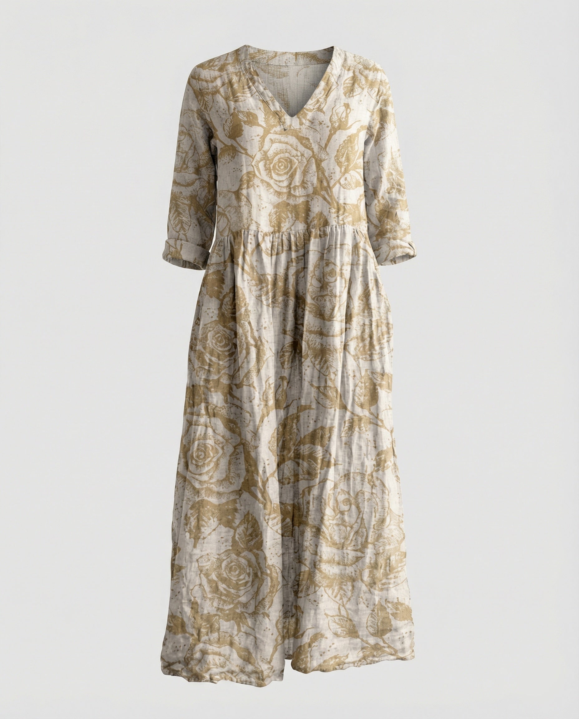 Damen Maxikleid Sommer Leinenoptik V-Ausschnitt