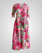 Damen Maxikleid Sommer Leinenoptik V-Ausschnitt