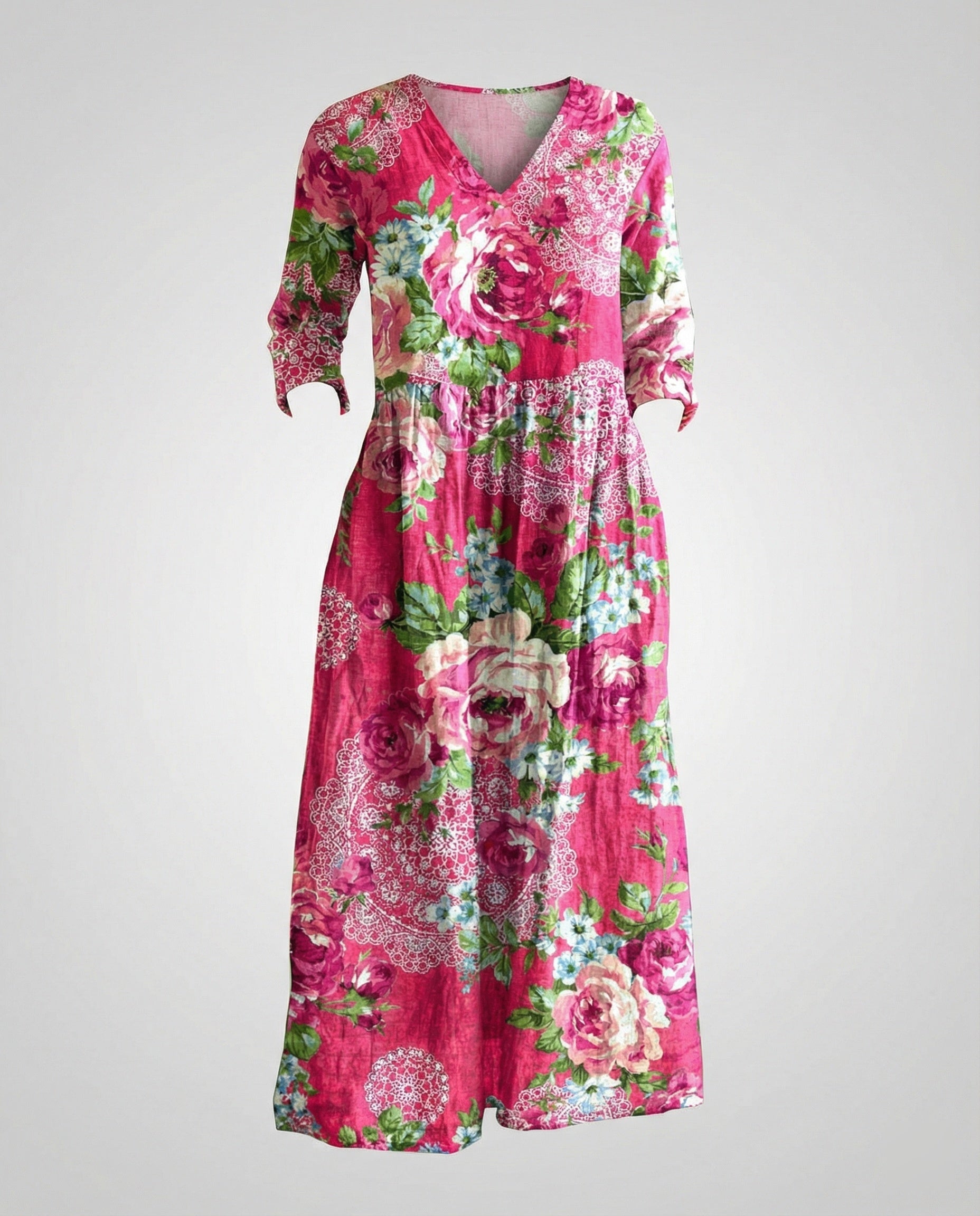 Damen Maxikleid Sommer Leinenoptik V-Ausschnitt