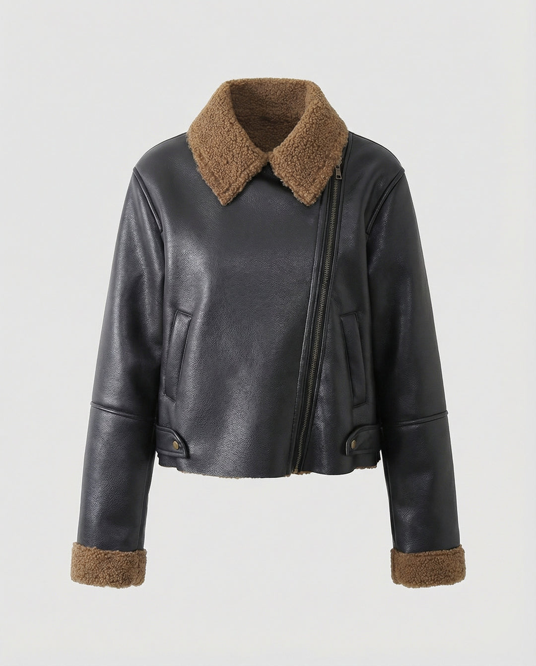 Damen Lederjacke Schwarz mit Teddykragen