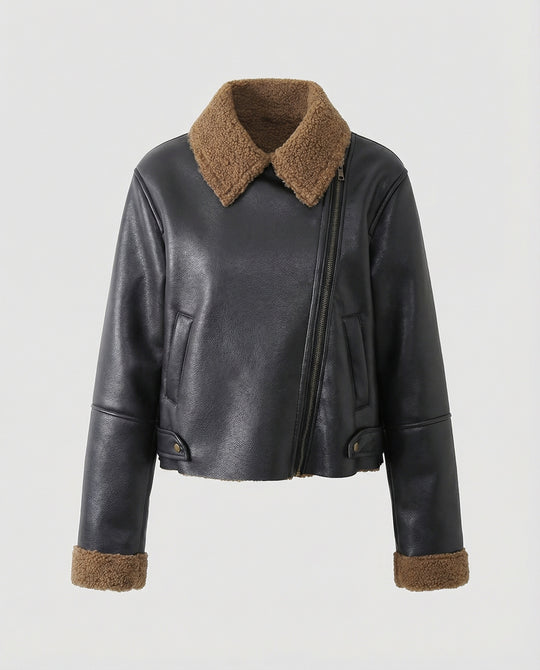 Damen Lederjacke Schwarz mit Teddykragen