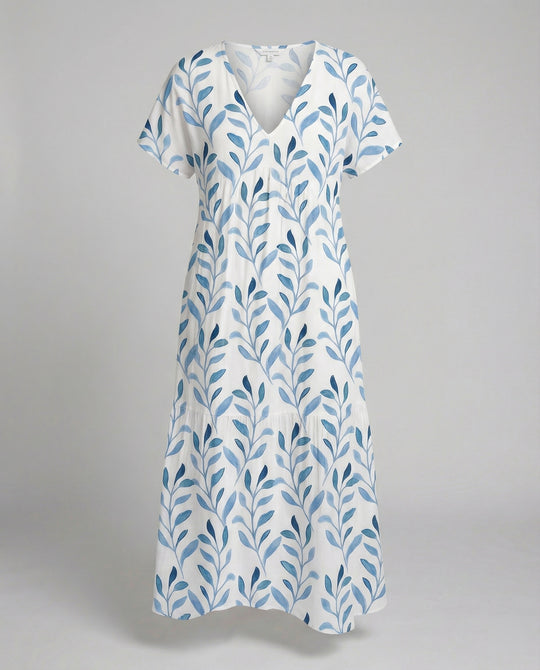 Luftiges Sommerkleid mit kurzen Ärmeln und Allover-Blattdruck