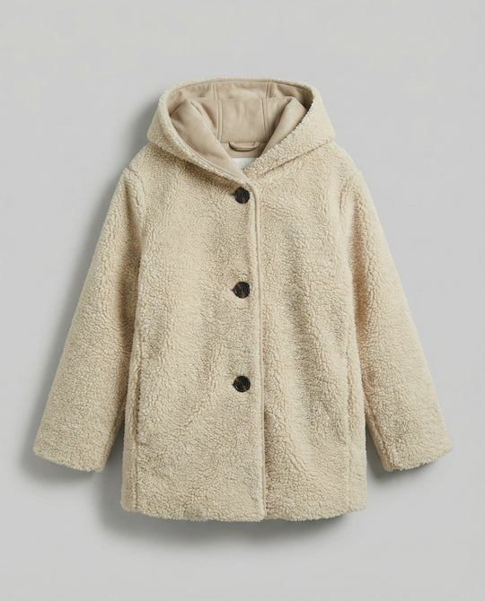 R&B | Teddy Mantel - Oversized Fit - Mit Kapuze - Knopfverschluss - Mittellang