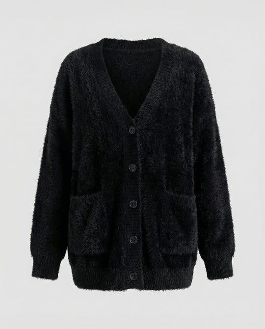 Strickjacke Damen flauschig mit tiefem V-Ausschnitt und Taschen