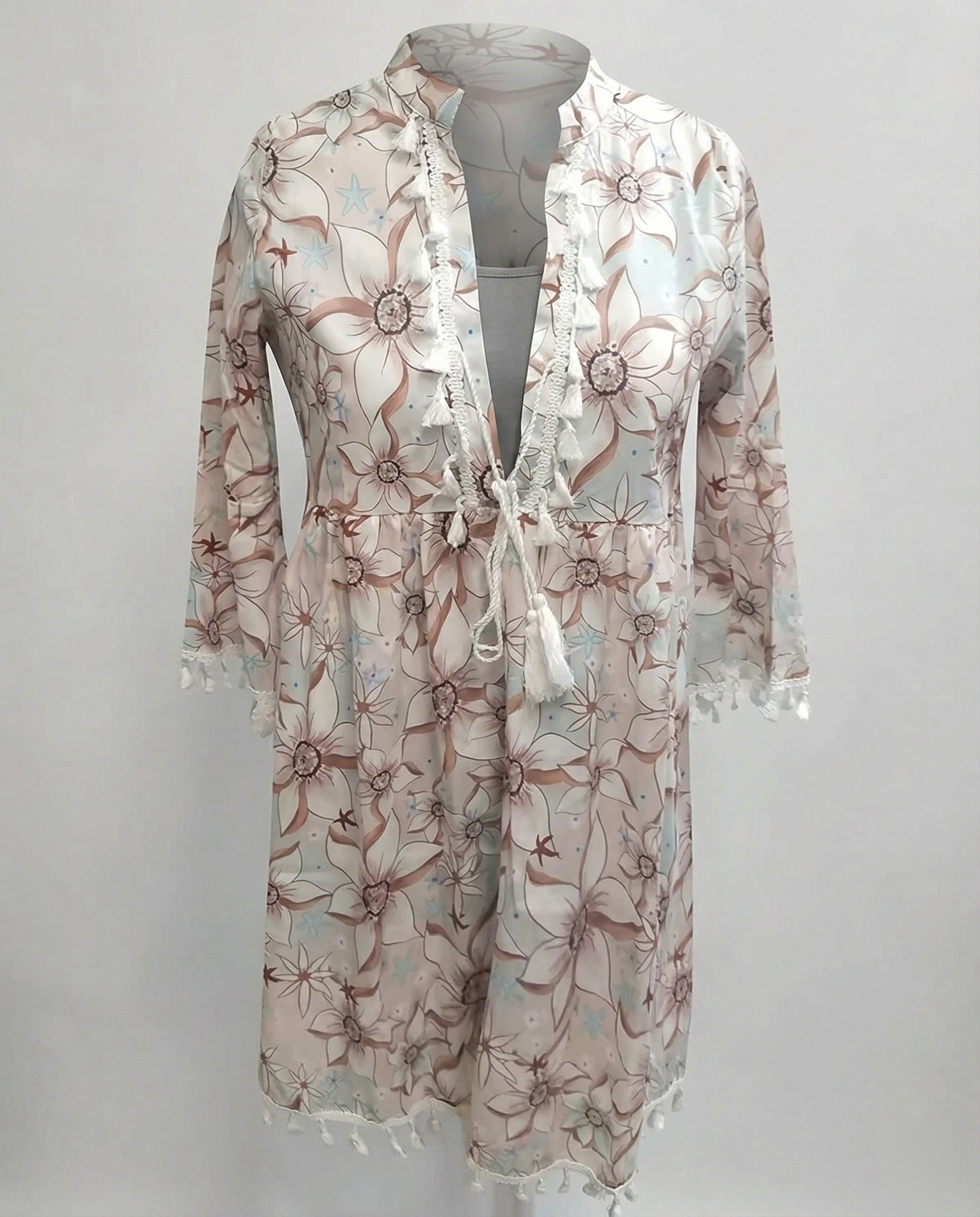 Damen Strandkleid mit hohem Kragen und romantischem Blumenmuster R&B