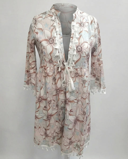 Damen Strandkleid mit hohem Kragen und romantischem Blumenmuster R&B
