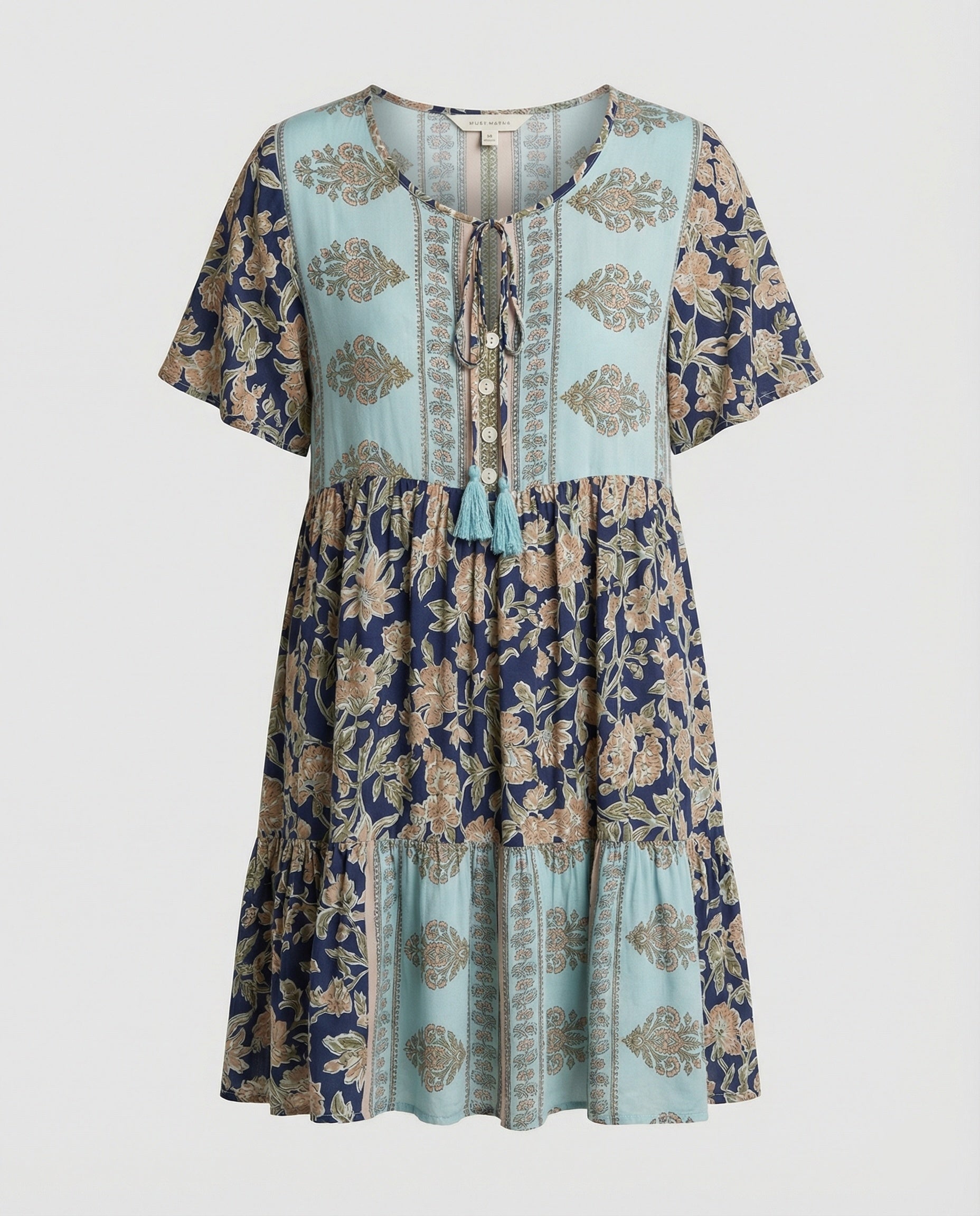 Damen Boho Midikleid A-Linie mit Bordüre