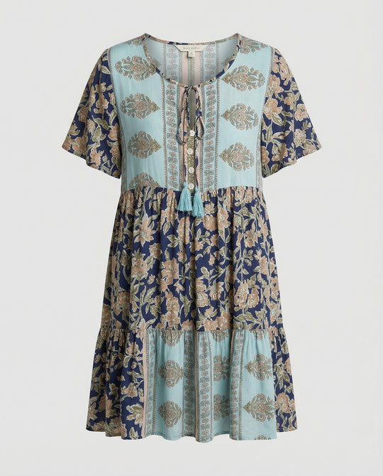 Damen Boho Midikleid A-Linie mit Bordüre