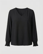 Damen elegante Bluse mit tiefem V-Ausschnitt und voluminösen Ärmeln R&B