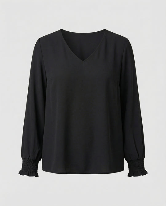 Damen elegante Bluse mit tiefem V-Ausschnitt und voluminösen Ärmeln R&B