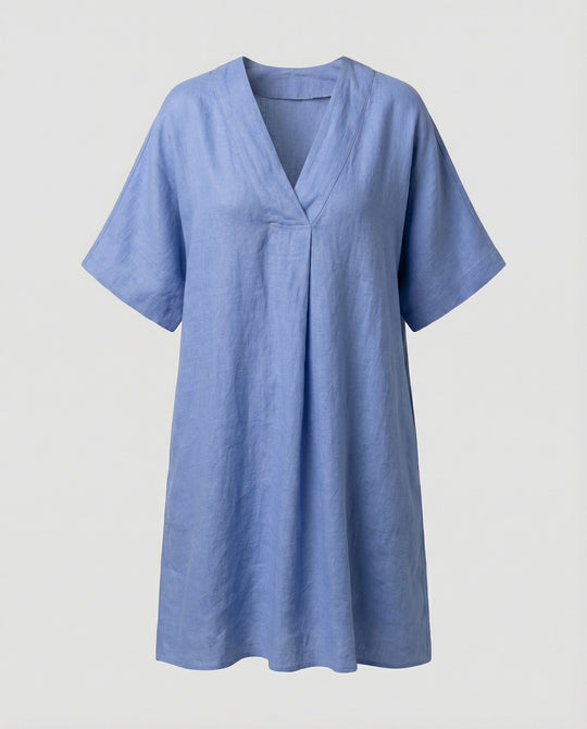 Damen lässiges Leinen-Maxikleid mit V-Ausschnitt und weit geschnittenen Ärmeln R&B