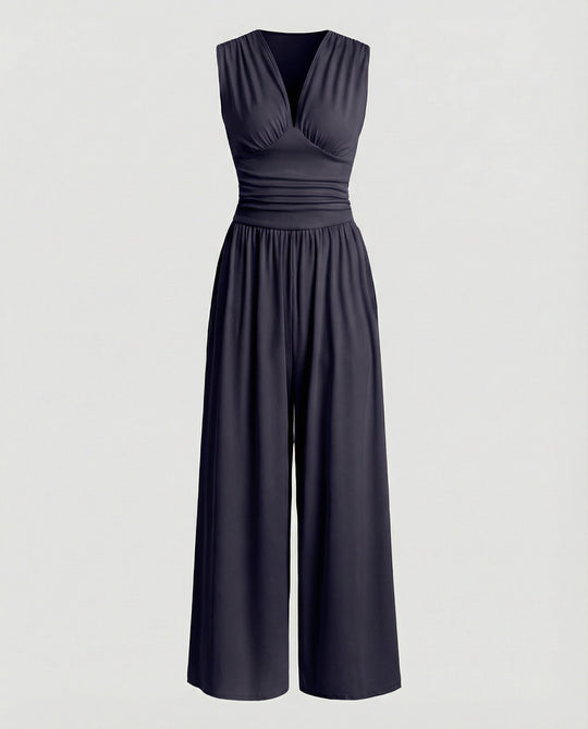 Damen Jumpsuit mit schickem V-Ausschnitt und weitem Bein R&B