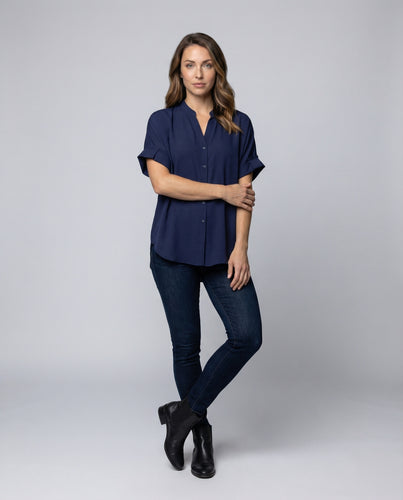 Damen Lange Stehkragen Mischgewebe Hemdbluse