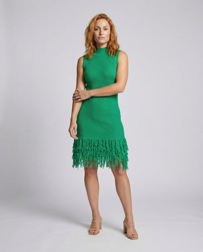 Damen Fransenbesatz Stehkragen Strickmidikleid