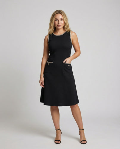 Damen Ärmellose Zierknopf Bouclé A-Linien-Midikleid