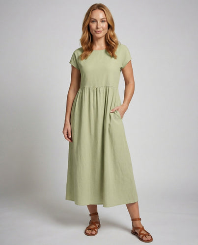 Damen nan A-Linien Midikleid mit Empire-Taille, kurzen Ärmeln und praktischen Seitentaschen R&B
