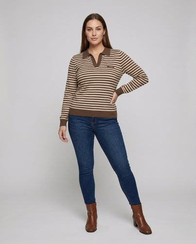 Damen Gestreifte Lange Baumwoll Poloshirt