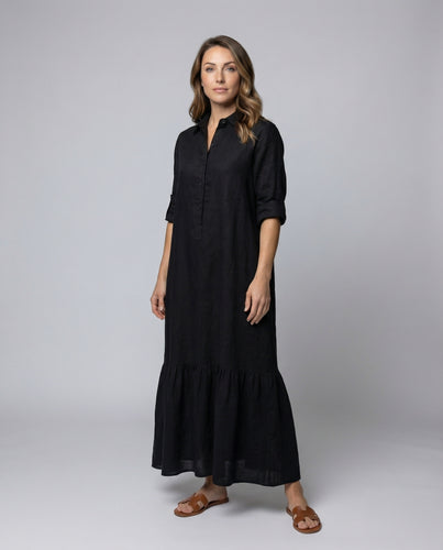 Damen Lockere Leinenoptik Leinenoptik Hemdblusen-Maxiswingkleid