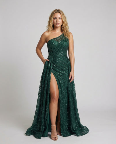 Damen Ein-Schulter Glitzerkleid Korsett-Optik Beinschlitz