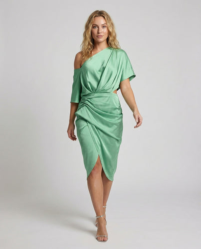 Damen Satin Midikleid Wickel-Optik Capeärmel
