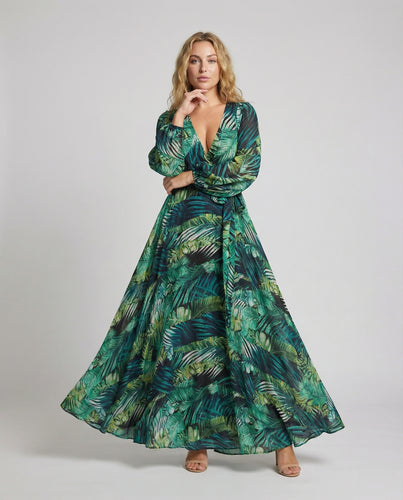 Damen Resort-Maxikleid Blatt-Print Tunnelzug