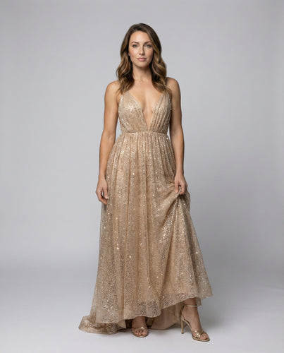 Damen Netz-Maxikleid Glitzer Korsage V-Ausschnitt