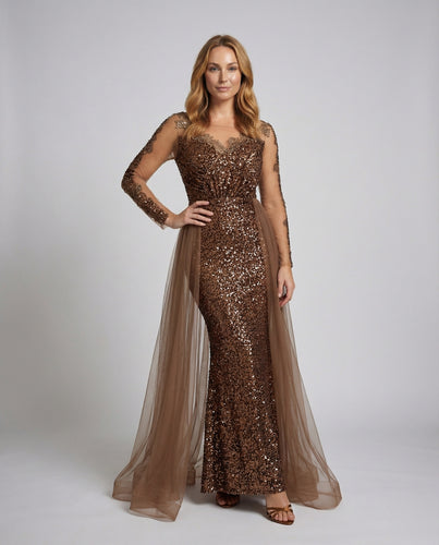 Damen Paillettengala-Kleid Korsage Tüllcape Illusion