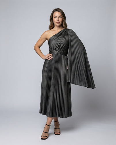 Damen Elegante Drapiertem Volantärmel Plissee Plissee-Maxikleid