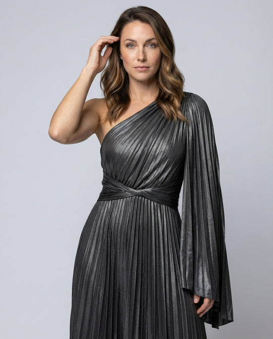Damen Elegante Drapiertem Volantärmel Plissee Plissee-Maxikleid